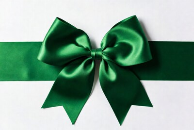 Green satin bow on white background