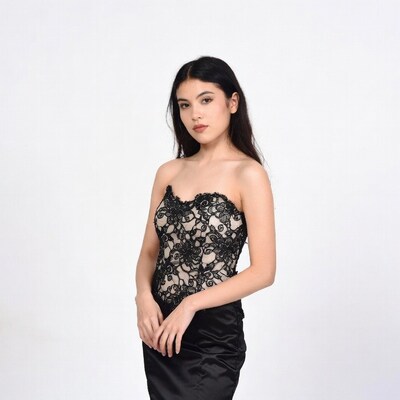 Asian woman in black lace top
