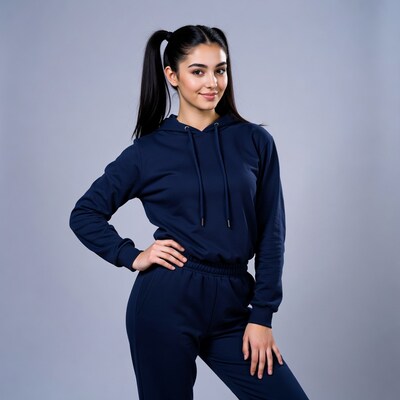 Woman in navy tracksuit with pigtails