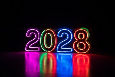 202028 Neon Sign on Black Background