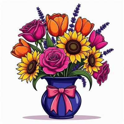 Colorful Flower Bouquet in Blue Vase