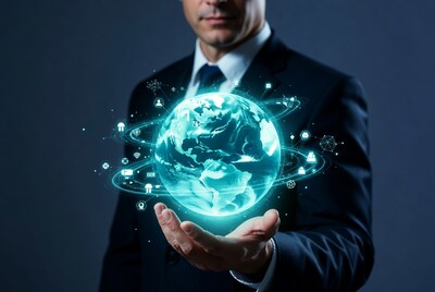Businessman holding digital globe