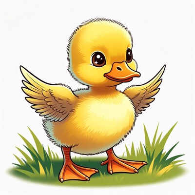 Cute yellow duckling with wings spread