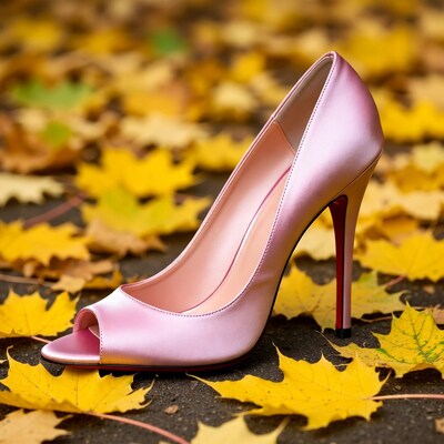 Pink high heel on yellow autumn leaves