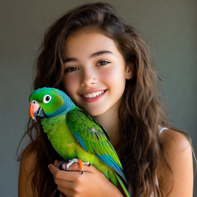 Girl holding green parrot