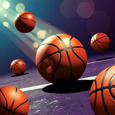 Floating Basketballs on Purple Court
