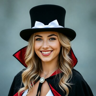 Blonde woman in top hat cape