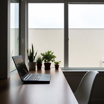 Laptop on desk by window with plants