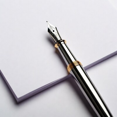 Silver fountain pen on white paper