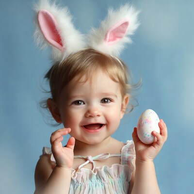 Baby girl in bunny ears holding Easter egg