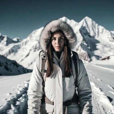Woman in fur hood backpack mountains