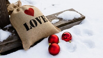 Burlap LOVE Bag with Red Ornaments in Snow