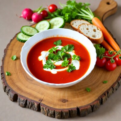 Tomato Soup with Veggies on Wood