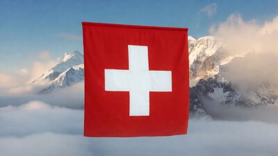 Swiss Flag with Snowy Mountains
