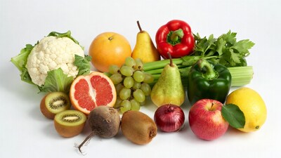 Fresh Fruits and Vegetables on White Background