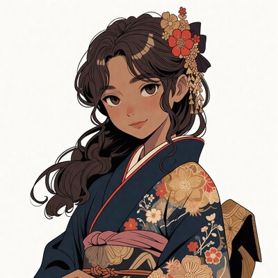 Anime girl in floral kimono