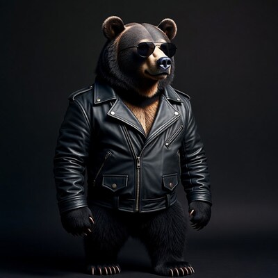 Bear wearing leather jacket and sunglasses