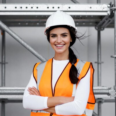 Woman in hard hat and safety vest
