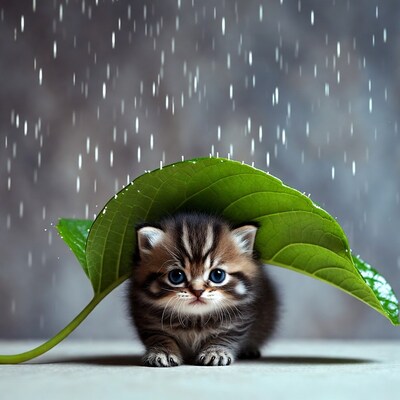 Kitten under green leaf in rain