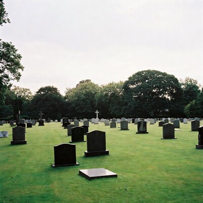 Graveyard with tombstones and trees