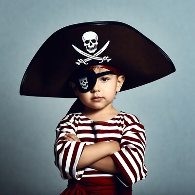 Boy in pirate costume with arms crossed