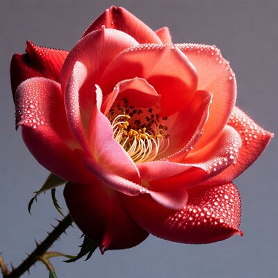 Dew-covered pink rose with thorns
