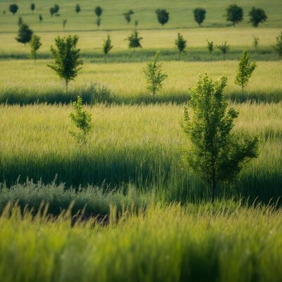 Young green trees in wheat field