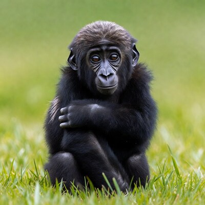 Baby Gorilla Sitting on Grass