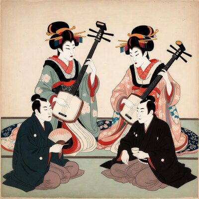 Geisha and Men Playing Shamisen Illustration