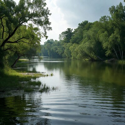 Serene River Lined with Green Trees