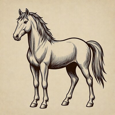 Engraved horse illustration on parchment
