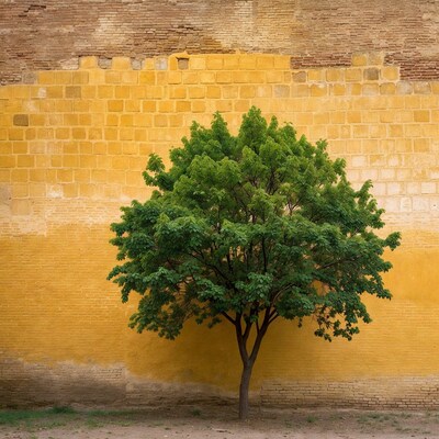 Green Tree Against Yellow Brick Wall