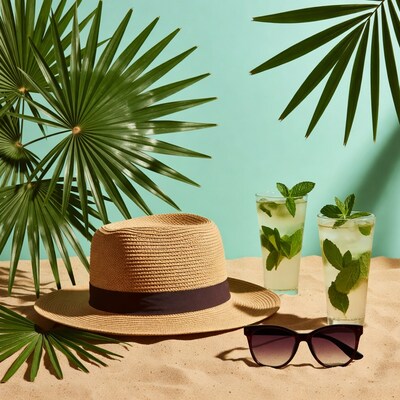 Straw Hat Sunglasses Mojitos on Beach Sand