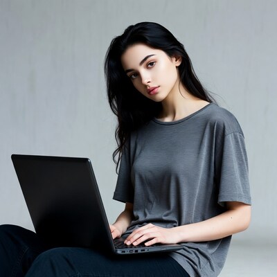 Woman using laptop on gray background