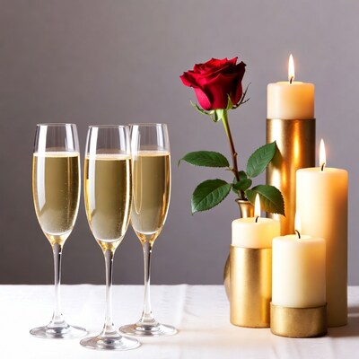 Champagne Glasses with Red Rose and Candles