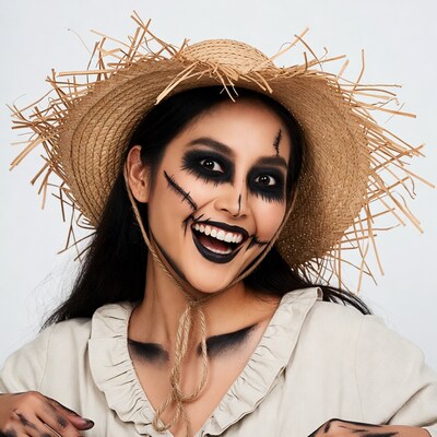 Asian woman in scarecrow costume