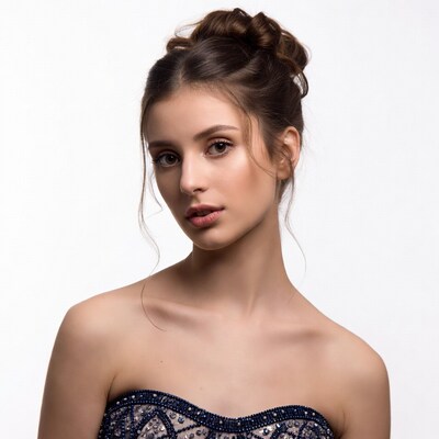 Woman in beaded strapless gown