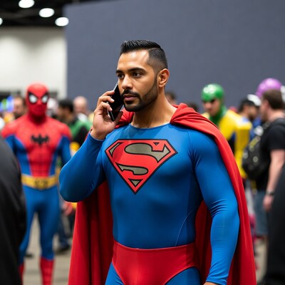Superman cosplayer man on phone