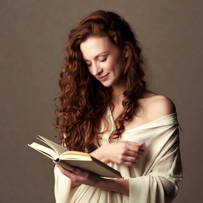 Redhead woman reading book