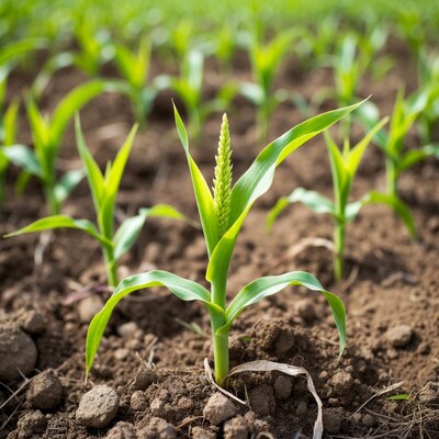 Young corn plant in field