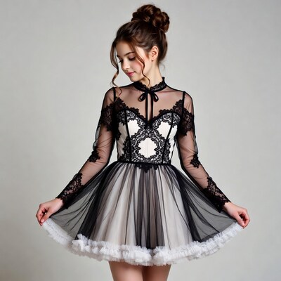 Girl in black lace tulle dress