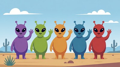 Five colorful cartoon aliens waving in desert