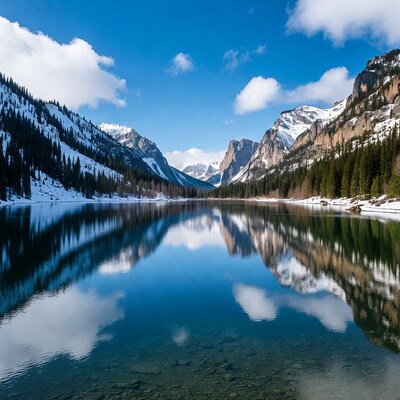 Snowy Mountain Lake with Reflections