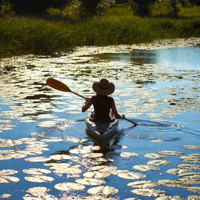 Woman kayaking through lily pads