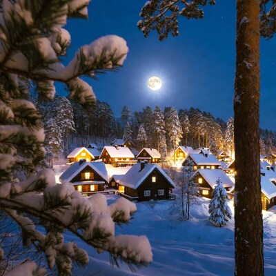 Snowy village under full moon
