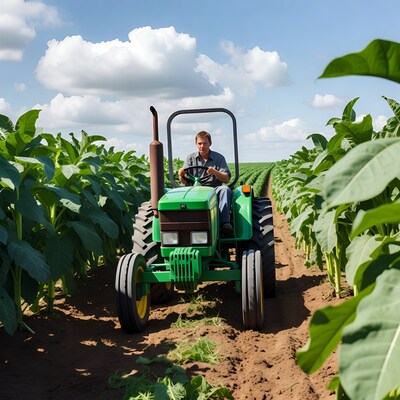 Man driving green tractor in tobacco field