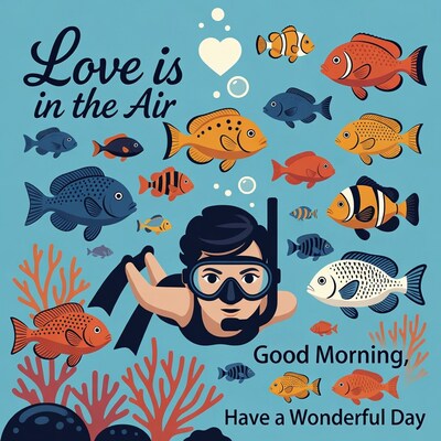 Scuba Diver with Fish Good Morning Illustration