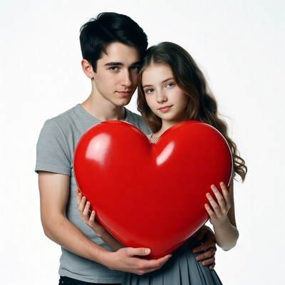 Teen couple holding giant red heart