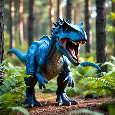 Blue Carnotaurus roaring in forest