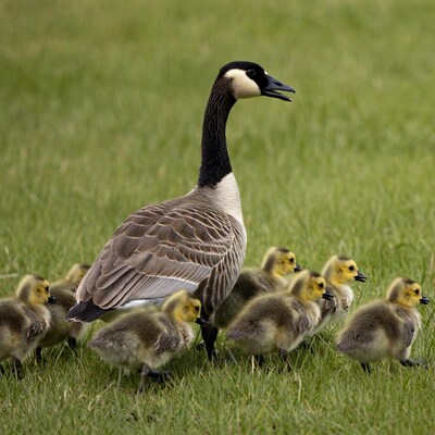 Canada Goose with Goslings in Grass